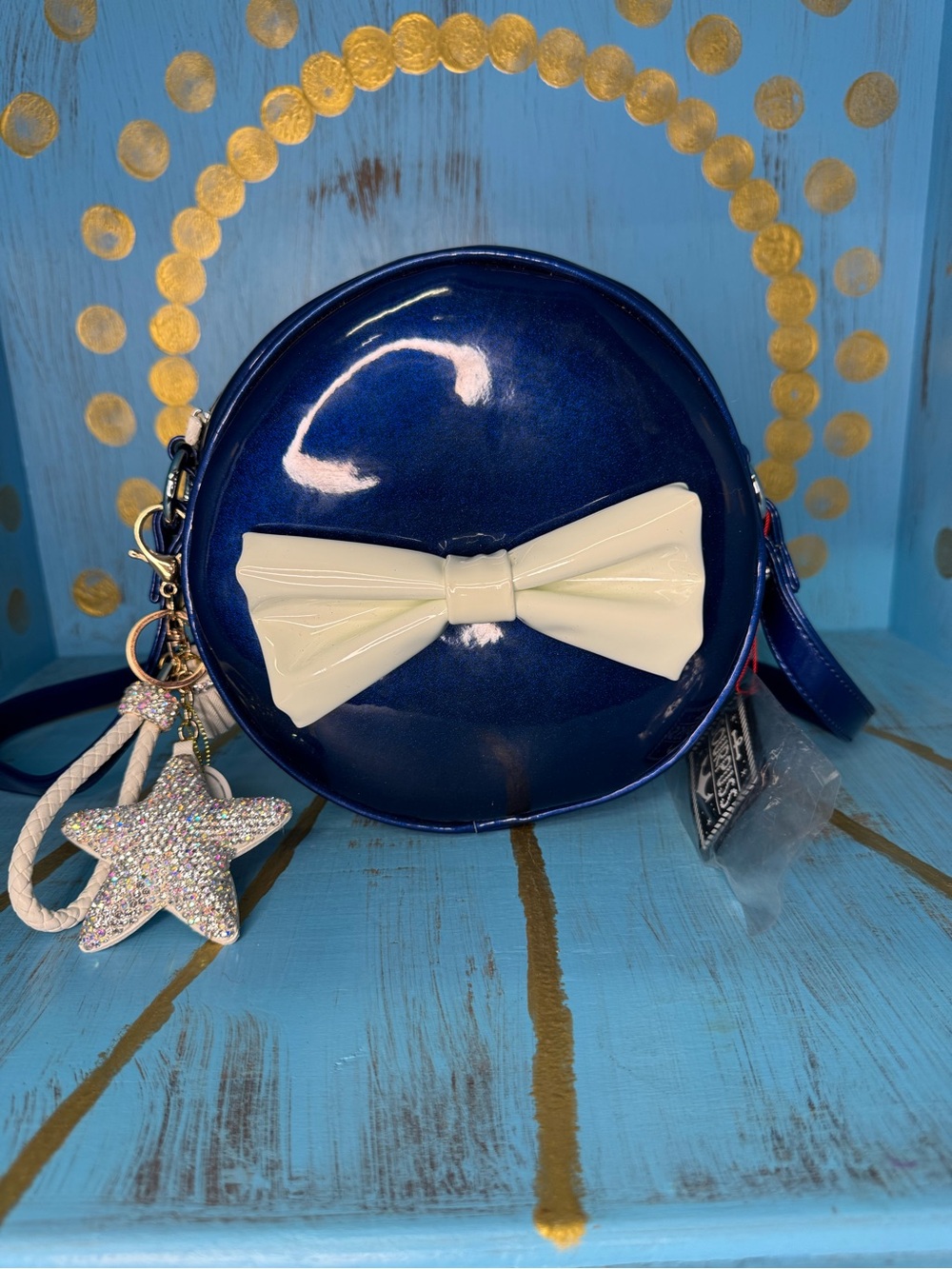 NWT Sourpuss Metallic Navy Patent Round Crossbody Bag with Rhinestone Star